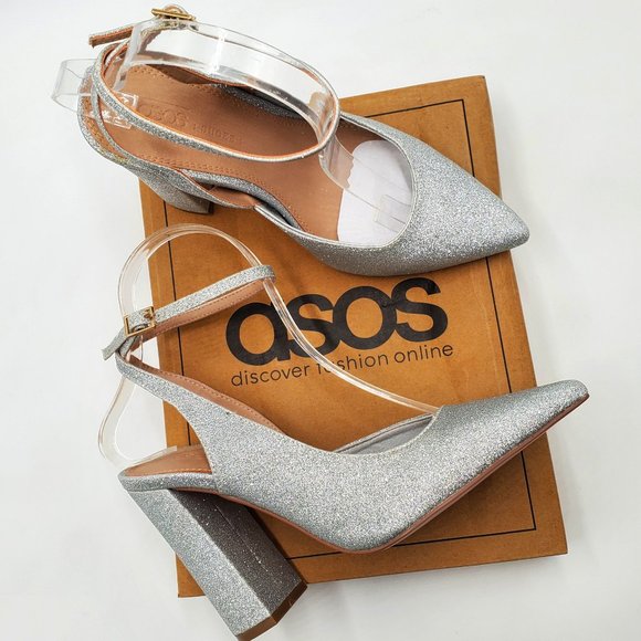ASOS Silver Glitter Block Heels - NWOT - Picture 1 of 16